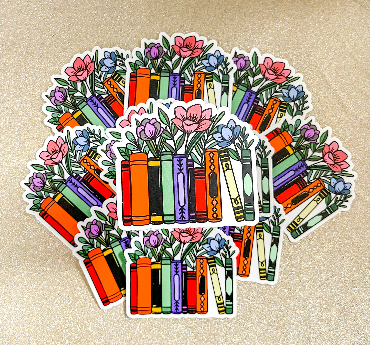 Rainbow Books with Flowers - Sticker or Magnet