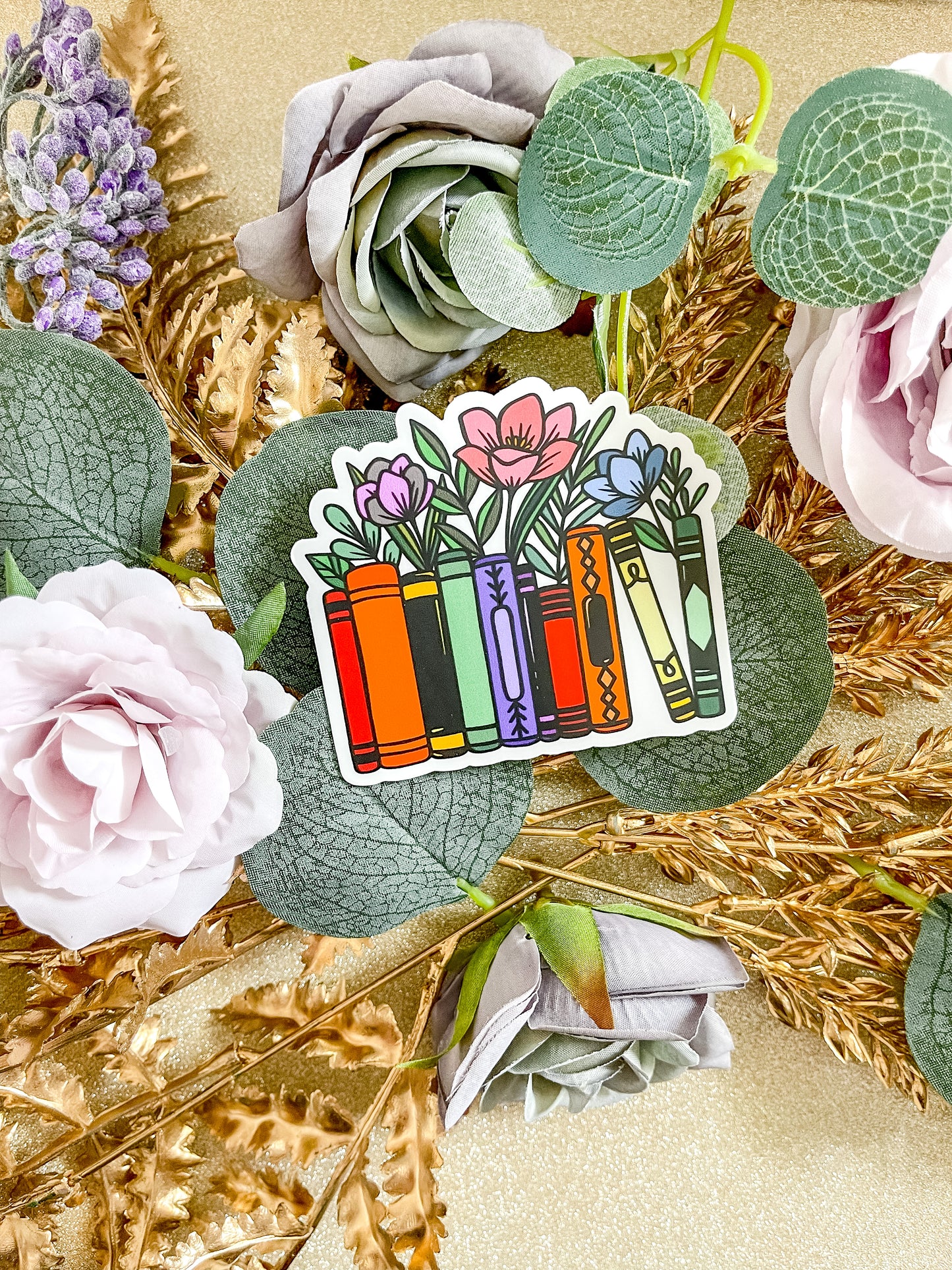 Rainbow Books with Flowers - Sticker or Magnet