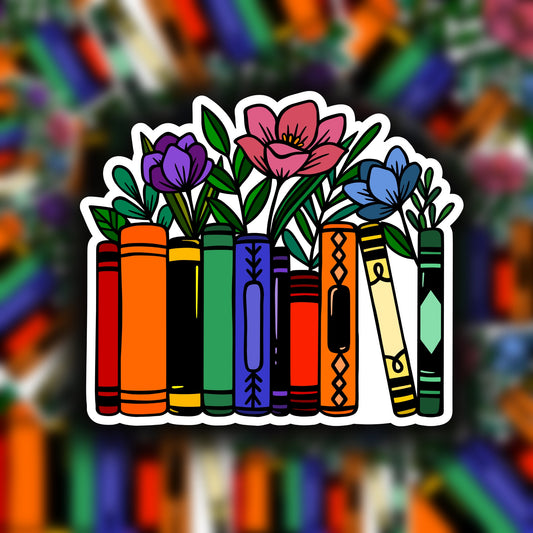 Rainbow Books with Flowers - Sticker or Magnet