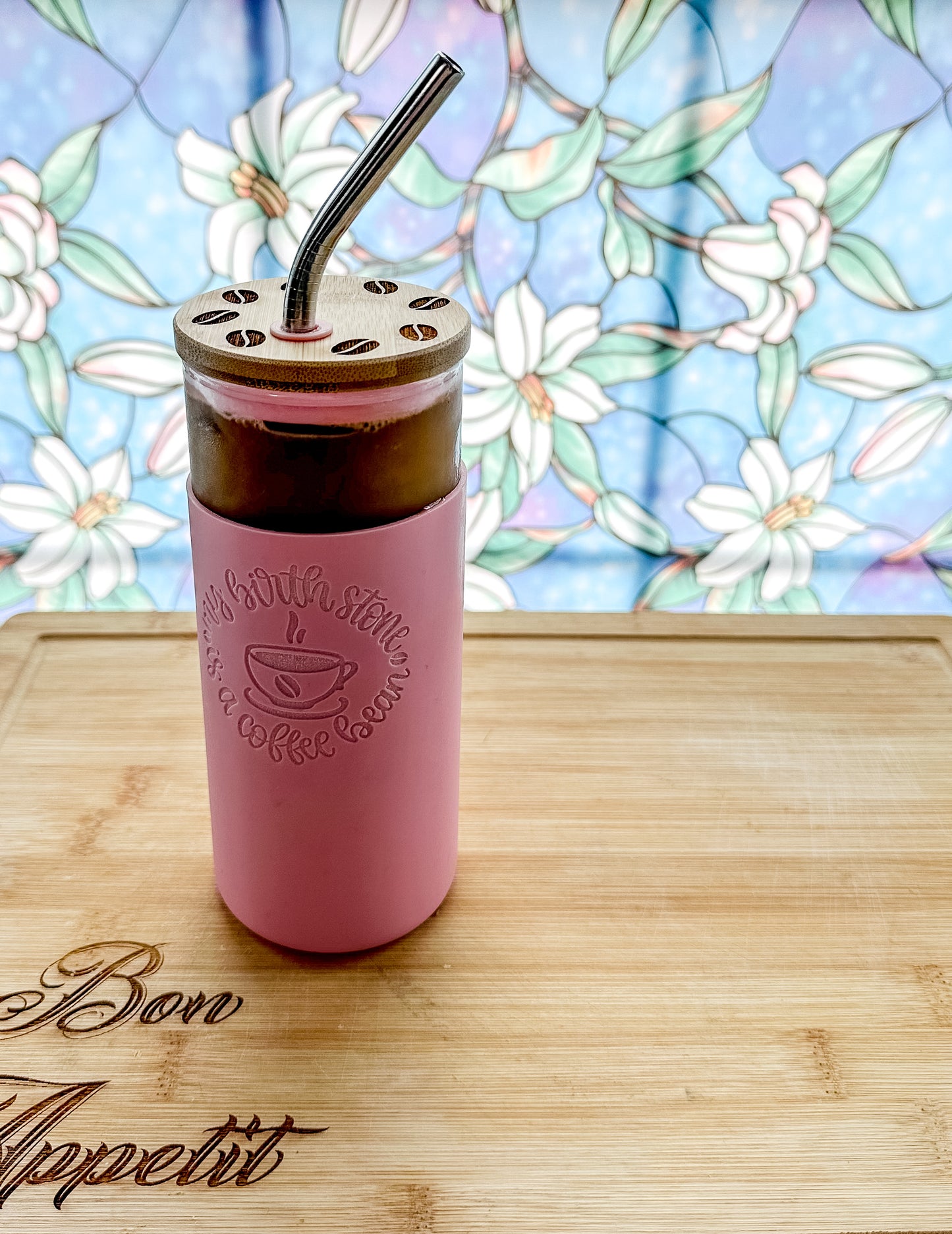 Iced Coffee Glass with Engraved Sleeve and Lid