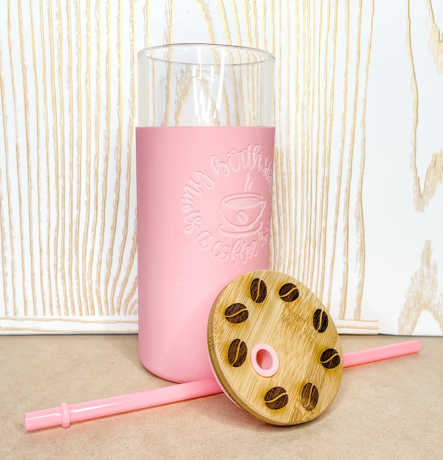 Iced Coffee Glass with Engraved Sleeve and Lid