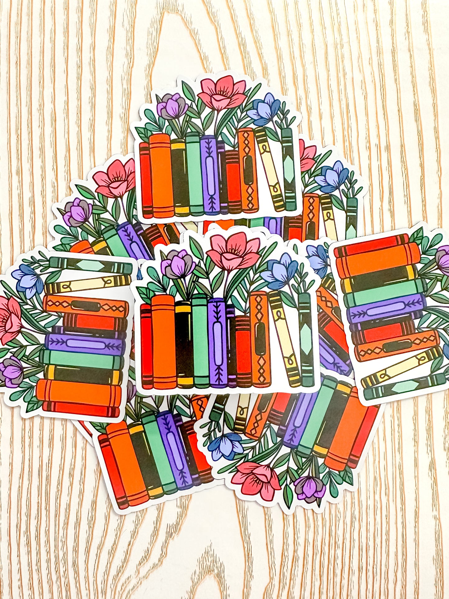 Rainbow Books with Flowers - Sticker or Magnet